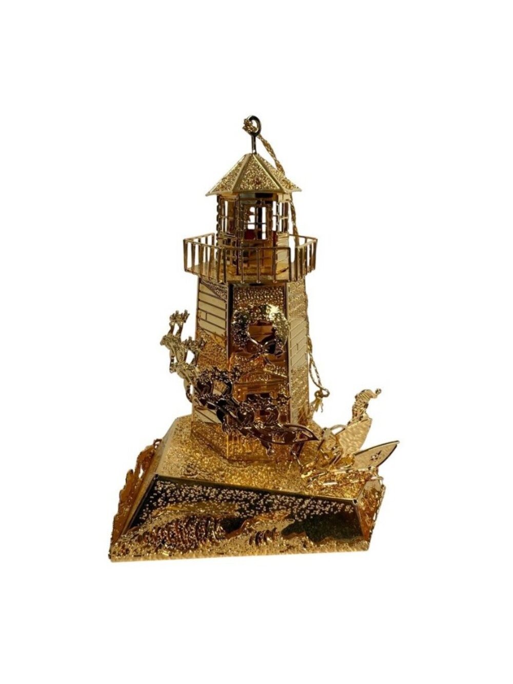 Danbury Mint Christmas Ornament North Pole Lighthouse Santa & Reindeer Gold 1998